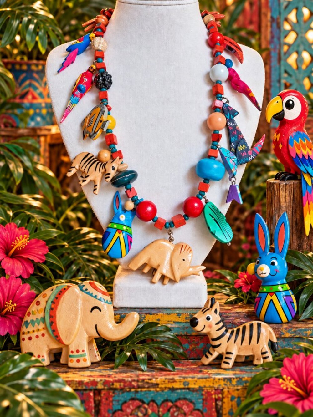 Vintage 70s Hand Carved Wood Folk Art Statement Necklace Animal Bird Fish Charms